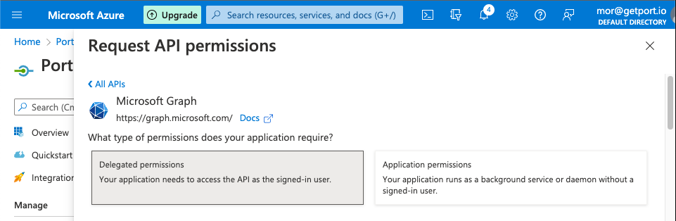 Azure Microsoft APIs delegate permissions