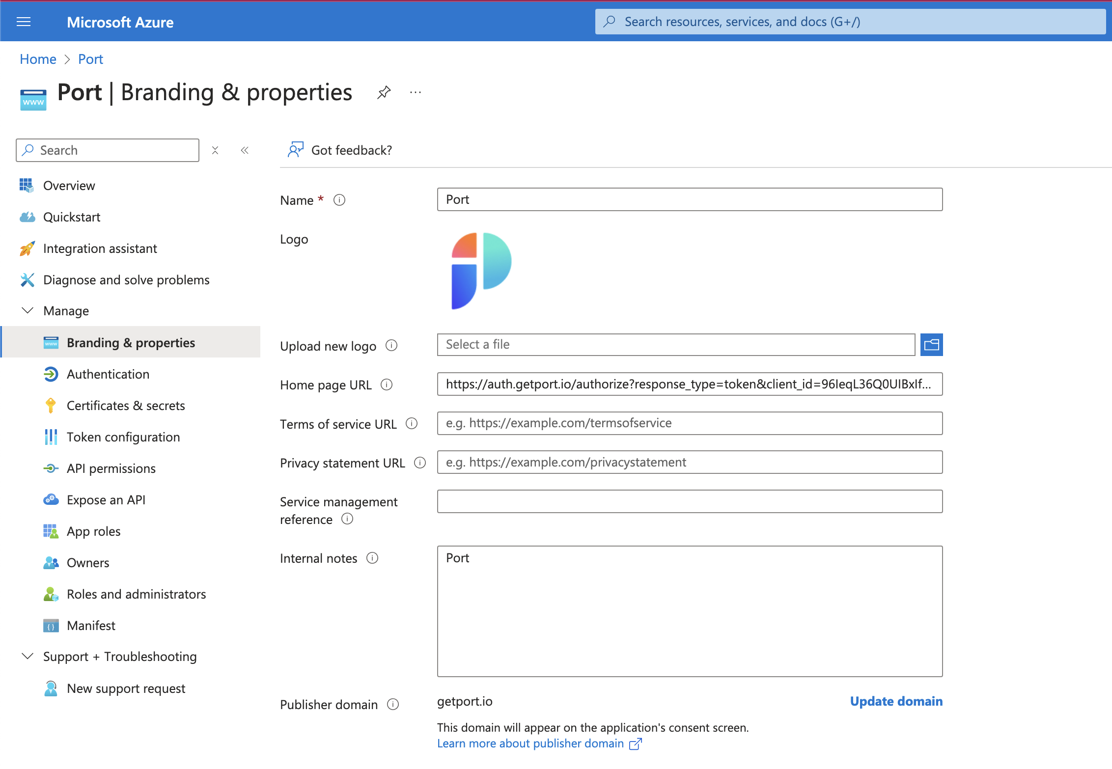 Azure app branding form